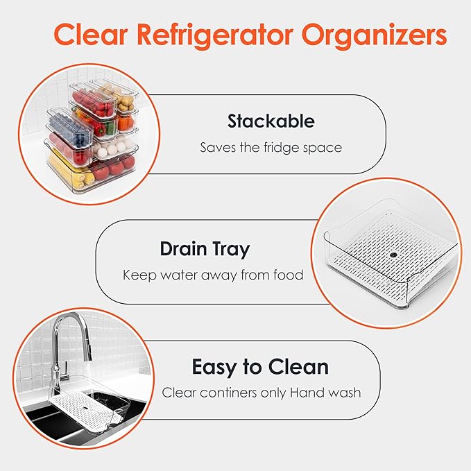 SMRCAD Fridge Organizers and Storage, 8 Pack Clear Freezer Organizer Bins with Lids for Kitchen, Pantry, Refrigerator, Food, Fruit, Vegetable Storage (8 Bins (Include Pull Out Drawer))