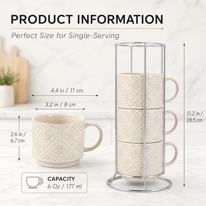 6 Oz Coffee Cups with Stand, Stackable Espresso Cups Set of 4, Ceramic Cappuccino Cup, Embossed Coffee Mugs for Latte, Cocoa, Mocha, Tea, Housewarming Wedding Present, Dishwasher Safe