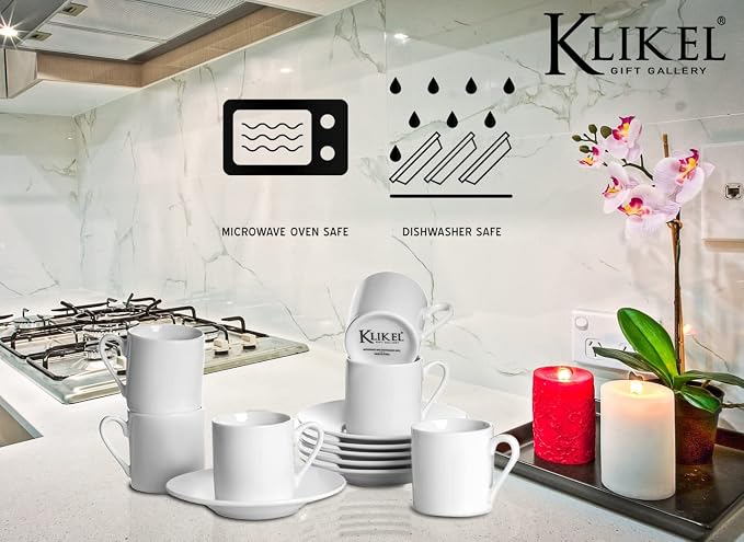 Klikel Espresso Cup And Saucer Set - White Cappuccino Demitasse - Small Coffee Cups For Cuban Coffee or Italian Espresso - Set Of 6