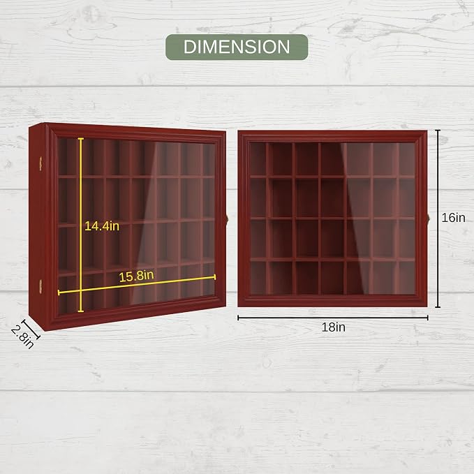 Shot Glass Display Cabinet Solid Wood - Large Display Case for Collectibles | Man Cave Accessories | UV Protection Acrylic Door | Wall Mounted Black Shadow Box | 28 Slots | 18" x 16" Mahogany