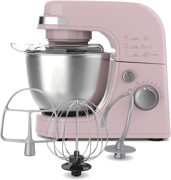 Hamilton Beach 4 Quart Electric Stand Mixer With 7 Speeds | Planetary Mixing For Full Bowl Coverage | Splash Guard | 300 Watts | Whisk, Flat Beater, Dough Hook | Rose