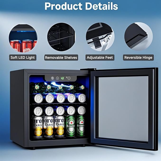 COWSAR Beverage Refrigerator, 50 Cans Wine Cooler, ETL Approved 1.3 Cu.ft Mini Fridge with Glass Door, Adjustable Shelves, Digital Temperature Freestanding Small Drink Fridge for Soda Beer or Wine