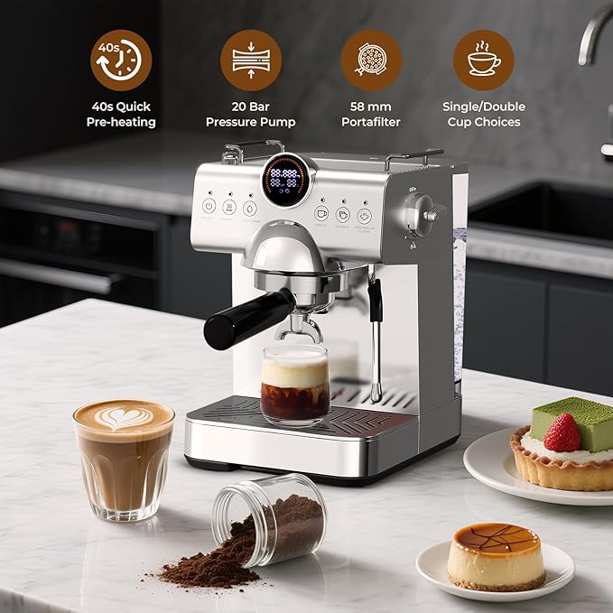 Espresso Machine with Milk Frother,20 Bar Semi-Automatic Expresso Coffee Machine for Home,50oz Removable Tank,Hot & Cold Brew,Single & Double Shot Latte Machine