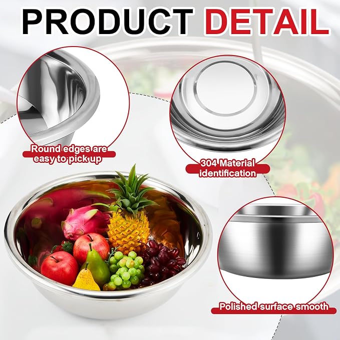 FillTouch 2 Pack Large Mixing Bowl 8 Qt Oversized All Purpose 304 Stainless Steel Polished Mirror Flat Base Metal Bowl for Home or Commercial Prepping Baking Mixing Marinating