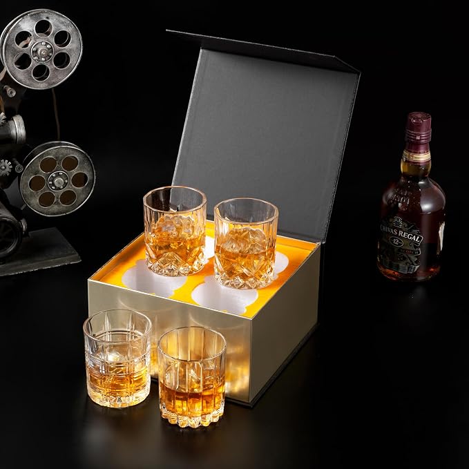 KANARS Old Fashioned Whiskey Glasses - 3 Designs Bourbon Glass 10 oz with Luxury Box - Ultra Clear Crystal Rocks Barware for Scotch, Irish Whisky, Rum and Cocktail, Men Gift for Father's Day