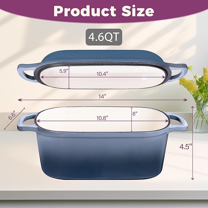 4.6-Quart Oval Dutch Oven for Bread Baking, 2 in 1 Enameled Cast Iron Bread Pan with Lid, Sourdough Baking Pan for a Crispy Crust, Seasalt