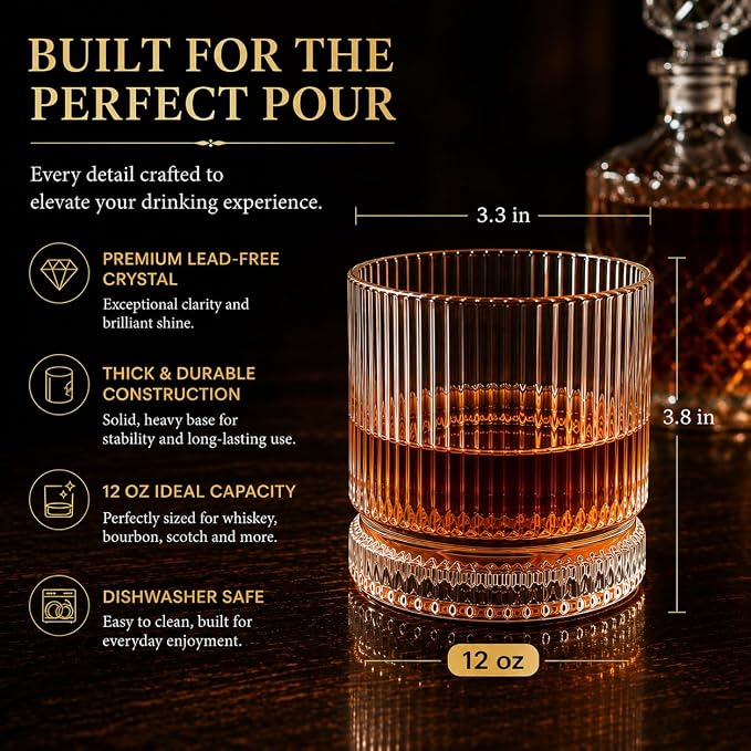 Vintage Whiskey Glasses Set of 2, 12 oz Crystal, Luxury Gift Box | Old fashioned, ribbed design, gift-ready box, birthday, Father's Day, Christmas, gifts for men, home barware