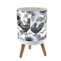 Trash Can with Lid Intricate Black White Roosters Sunflowers Press Top Round Small Garbage Bin with Wooden Legs Waste Basket for Kitchen Bedroom Nursery 7L/1.8 Gallon