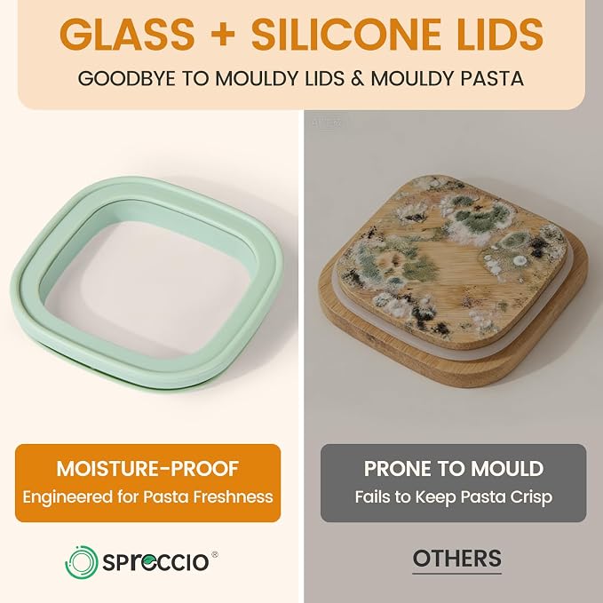 Square Glass Pasta Containers Storage 2.5 Qt Set of 3, Spaghetti Container Storage for Pasta, Nuts, Cereal, Flour, Organize Your Kitchen with these BPA-Free Glass Jars with Lids