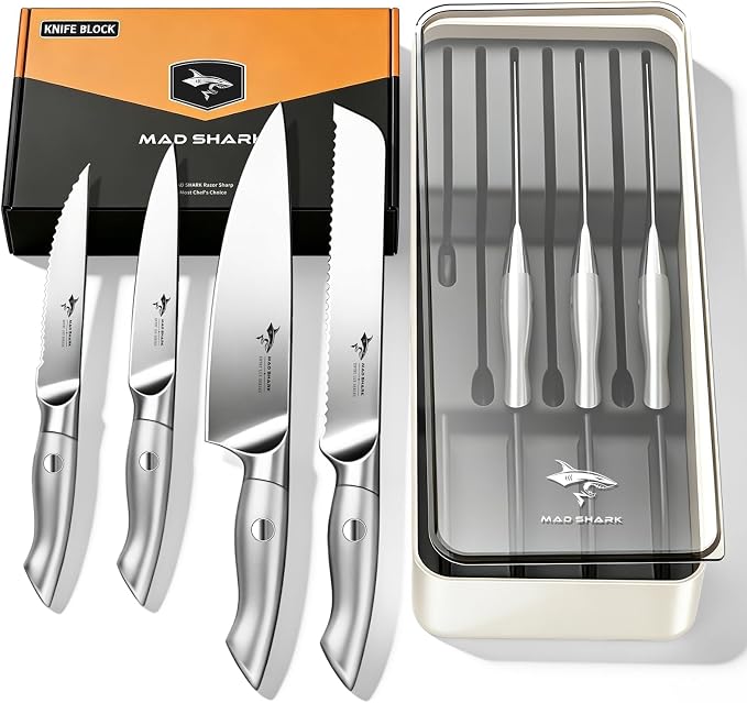 MAD SHARK Knife Set, Kitchen Knife Block Sets 8Pcs, High Carbon Stainless Steel, Ultra Sharp Kitchen Knives Sets, Non-Slip Ergonomic Handle, Includes Drawer Organizer, Gift Ready