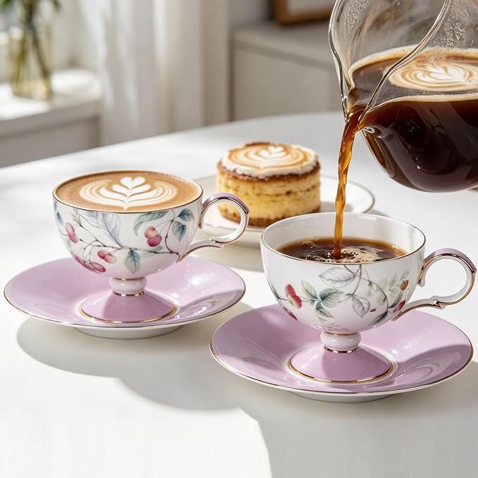 KAMMAK Ceramic Coffee Cups Saucers Set of 2, Porcelain Espresso Cup with Saucer, 6.76 oz Handmade Elegant Bone China Tea Cups, Ceramic Floral Pattern Demitasse Cup for Latte, Americano, Cappuccino