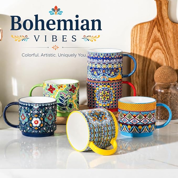 HENXFEN LEAD Coffee Mugs Set of 6, 12 oz Stackable Ceramic Coffee Cups with Large Handles, Boho Mug Set for Coffee, Tea & Hot Cocoa, Dishwasher & Microwave Safe