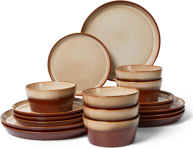 Pokini Dinnerware Set for 6, Ceramic Dish Sets, Plate and Bowl Set, Microwave & Dishwasher Safe Dishware Set, Chip & Scratch Resistant Dinner Set, Each Piece Unique, Amber Brown