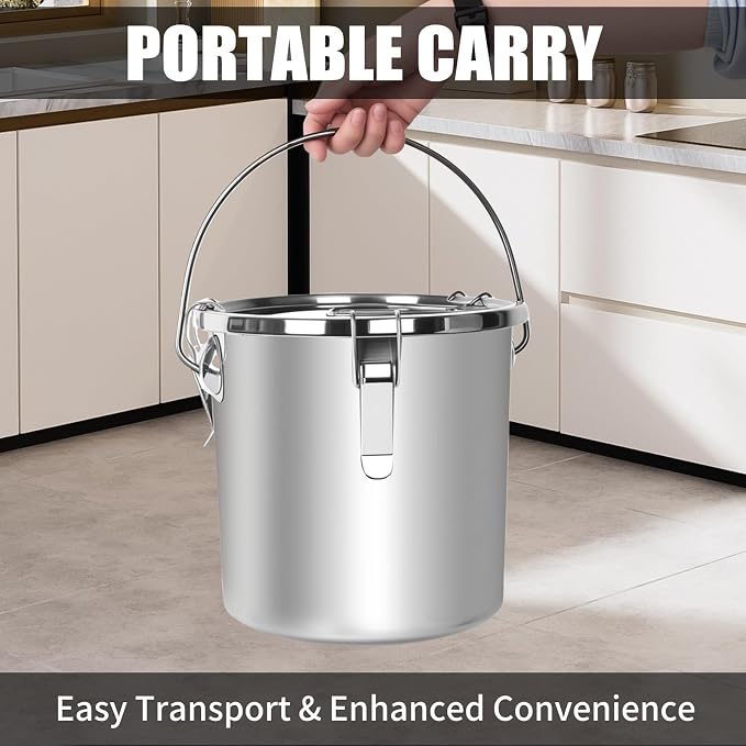 FULIYE 21L/5.6GAL and 34L/9GAL Stainless Steel Airtight Canister, Food Storage Canisters with Airtight Lid&Locking Clamp Rice Cereal Grain Canisters, Storager Bucket for Flour, Coffee Bean, Sugar
