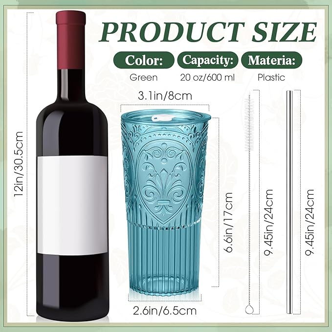 4 Set 20oz Vintage Plastic Tumbler with Lids and Straws Ribbed Floral Drinking Glasses Reusable Iced Coffee Cups for Water Juice Smoothie Cocktail Travel Party Events Gift (Mixed Color)