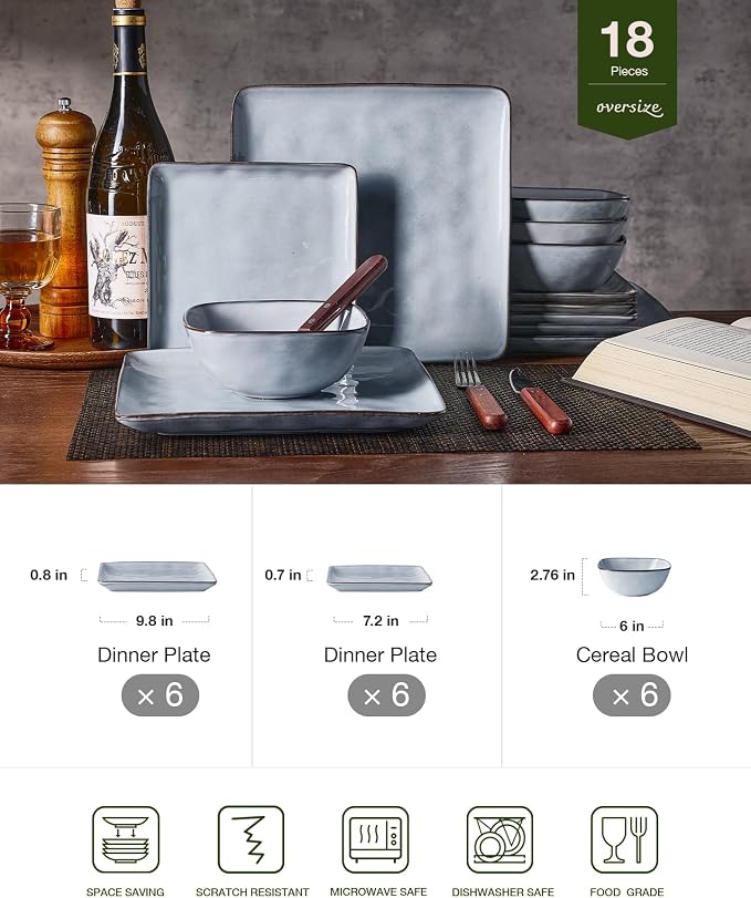 Famiware Ocean Square Plates and Bowls Set, 18 Pieces Stoneware Dinnerware Sets, Dishes Set for 6, Reactive Glaze, Microwave and Dishwasher Safe, Scratch Resistant, Grey