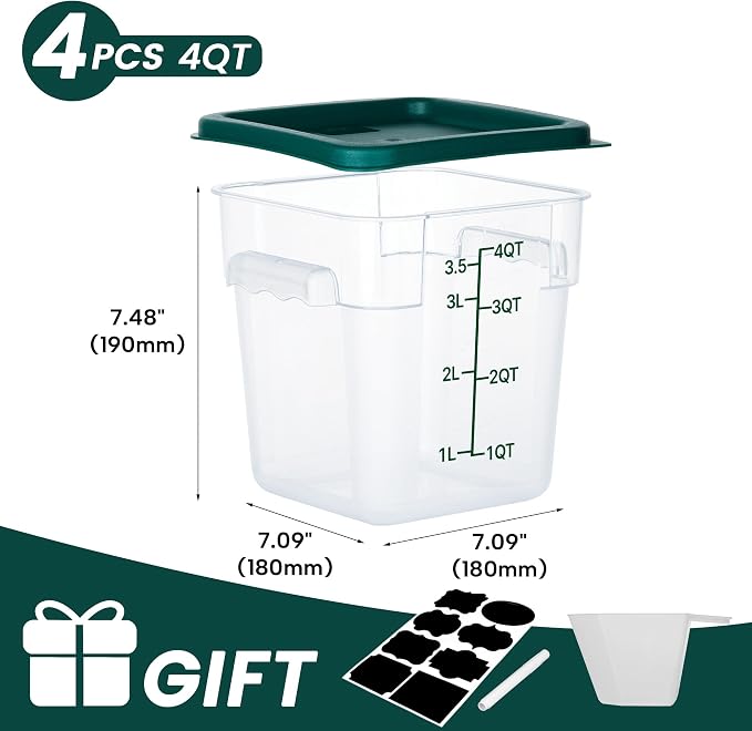 BIEAMA 4 Pack Food Storage Containers with Lids, 4 Quart Square Commercial Food Containers, NSF, Polycarbonate, Clear