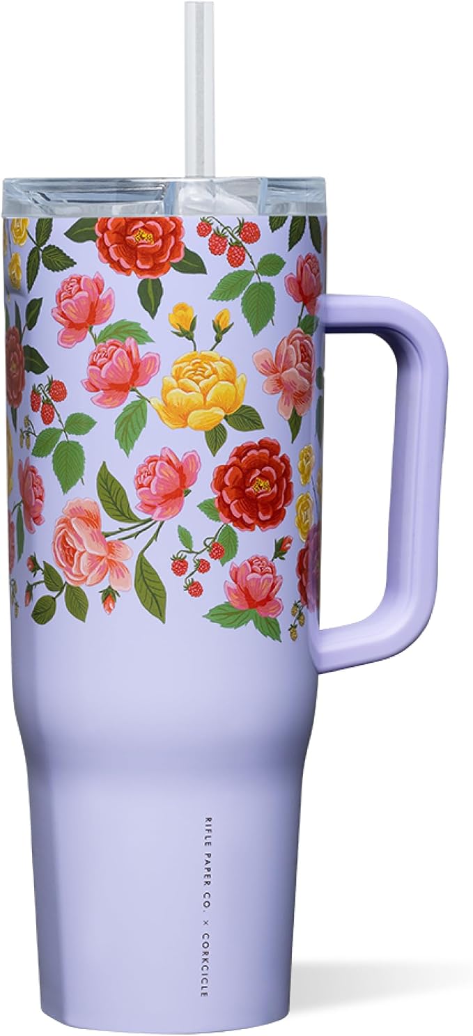 Corkcicle x Rifle Paper Co. Cruiser Insulated Tumbler with Handle & Straw - Keeps Drinks Cold 20 Hours - BPA-Free - Gift for Mom - Great for Mother's Day or Christmas - 40 oz - Roses Purple