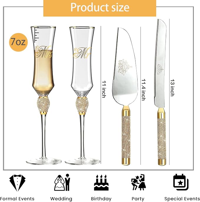 Wedding Cake Knife and Server Set, 7Oz Mr and Mrs Champagne Flutes and Cake Cutting Set for Wedding Engagement Bridal Shower Gifts (Gold)