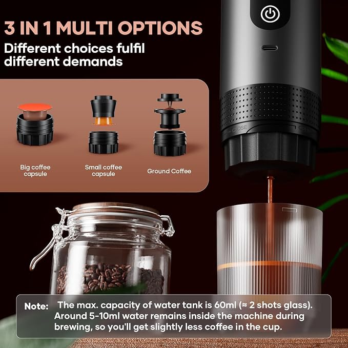Portable Coffee Maker Espresso Machine Cafetera Portatil Personal Rechargeable Coffee Maker Small for Travel Camping usb-c Battery Espresso Maker, 3-IN-1 Compatible with Ground Coffee & NS Capsule