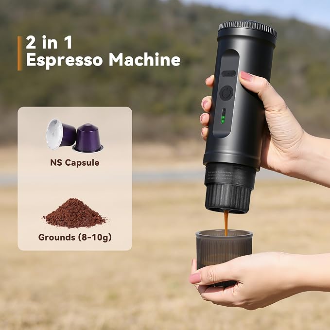 DIVINOCAFFÉ Portable Espresso Machine, 20 Bar Self Heating Travel Coffee Maker, Compatible with NS Capsules & Coffee Powder, Mini Espresso Machine for RV, Hiking, Office, Car, Black