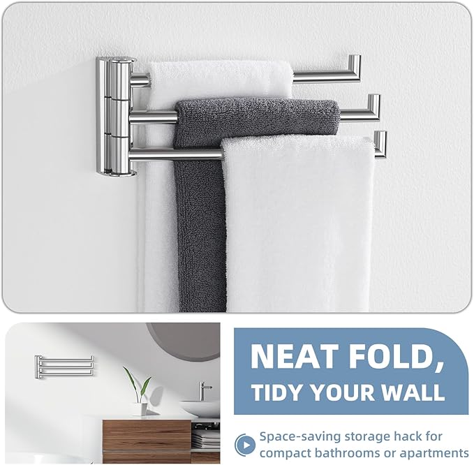 Aomasi Swivel Towel Rack for Bathroom, 304 Stainless Steel Wall Mounted Rotating Towel Holder with 3 Arms, Space Saving & Heavy Duty, Polished Chrome