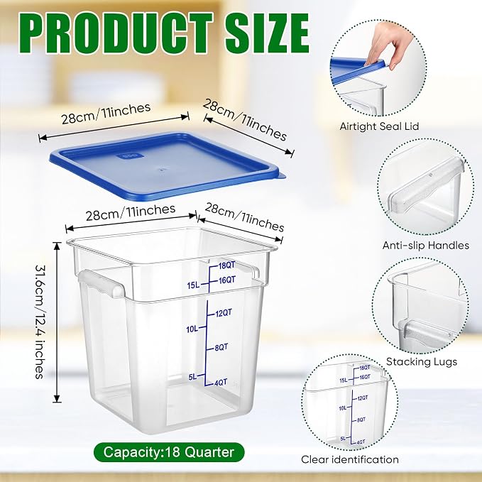 FoldTier 2 Pieces Square Food Storage Containers Polycarbonate Clear food Container with Lid Commercial Storage with Graduations for Commercial Kitchen Dough Marinating Meat(Blue,18 Qt)