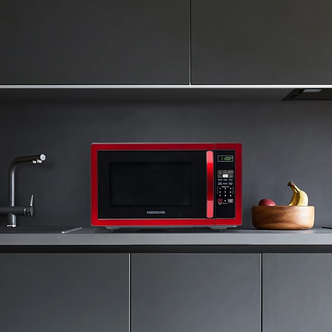 Farberware 1.1 Cu. Ft. Countertop Microwave Oven – 1000 Watts Power, Auto Cook Settings, Defrost, Easy Clean and Child Safety Lock - Metallic Red