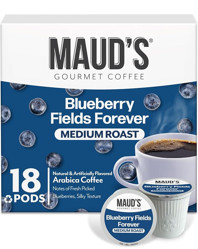 Maud's Blueberry Flavored Coffee Pods, 18 ct, Medium Roast Flavored Coffee in Single Serve Pods – 100% Arabica Beans, Compatible with Keurig K Cups Maker