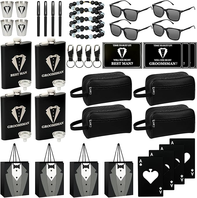 Set 4 Groomsmen Proposal Gifts - Groomsmen Gift Boxes with Leather Bag，Tuxedo Flask, Funnel，Shot Glasse，Poker Card Bottle Openers, Sunglasses, Pen，Bracelet, Card & Gift Bags for Wedding Party