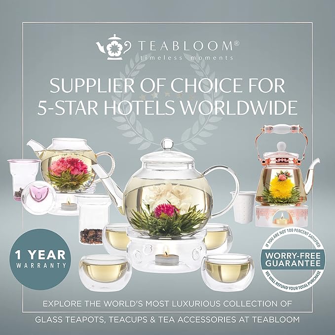 Teabloom Royal Teacup and Saucer Set 4-Pack – Large Size – 12 OZ/ 350 ML Capacity – Crystal Clear Classic Design – Glass Mug Set – Premium, Healthful Borosilicate Glass – Odor and Stain-Free