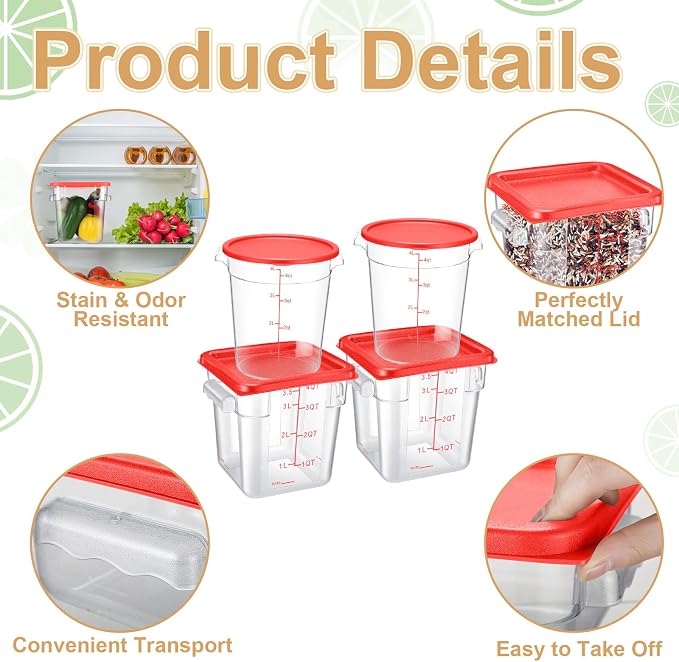 Blushtier 4 Pack Food Storage Container with Lids 4 Qt Square and Round Set Clear Restaurant Commercial Bucket with Handle Scale for Home Restaurant Kitchen Storage Dough Rise Flour(Red)