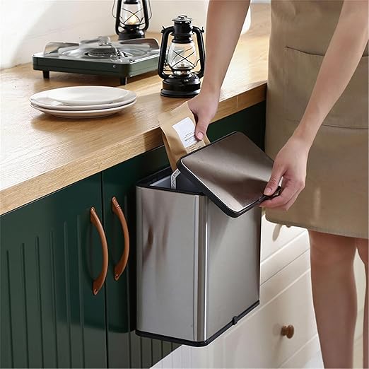 Wall Mounted Hanging Kitchen Trash Can Stainless Steel Bin 3L 0.8 Gallon Slim Cabinet Door Over Counter Lid Manual Open Small Bathroom RV Dorm Office Removable Liner Ring Bag Storage Hook