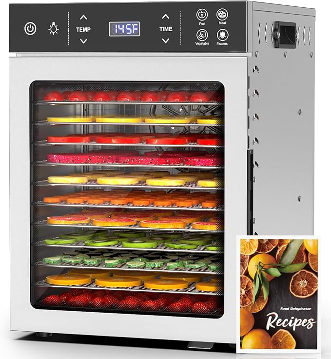 HOPERAN Food Dehydrator - 12 Stainless Steel Trays Dehydrators, 800W Electric Dehydrator Machine with 4 Presets, Digital Timer & Temperature Control for Herb, Dog Treats,Meats & Veggies (12 Trays)