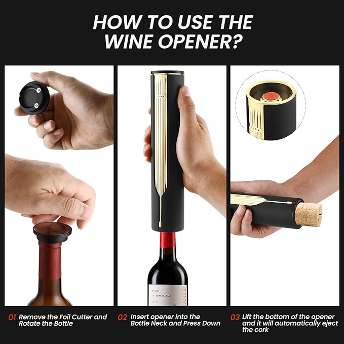 BLUBYEES Electric Wine Bottle Opener with Charging Base and Built-In Foil Cutter, Rechargeable Touch-Activated Automatic Corkscrew, Luxury Gift for Men and Women Wine Lovers
