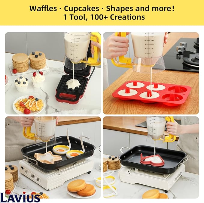 5-Piece Griddle Breakfast Kit | Pancake Batter Dispenser with Sturdy Handle and 4 Silicone Egg Rings | Perfect for Blackstone Griddles, Outdoor Grilling, Camping & Home Kitchen
