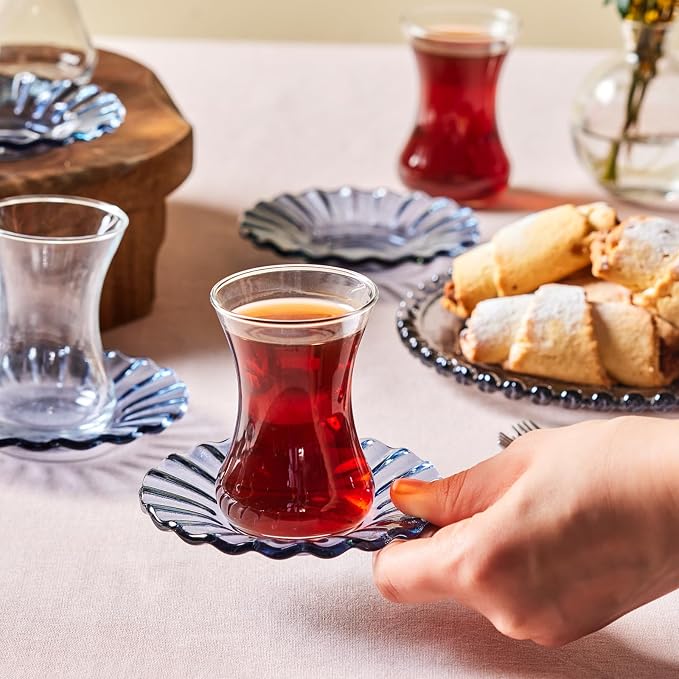 KARACA Luna 12-Piece Turkish Tea Cups for 6 People, 4.4 fl oz (130 ml) Turkish Tea Glasses Set with Elegant Light Blue Glass Saucers, Traditional Tulip Teacups, Hand Wash Recommended