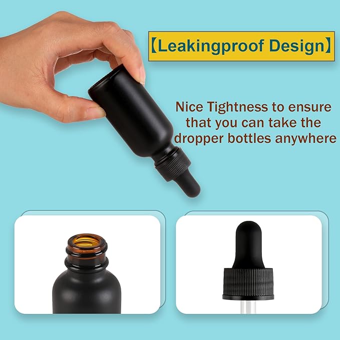NOOEEISS 48 Pack,1oz Glass Dropper Bottle, Frosted Black Tincture Bottles with Dropper,Pretty Finish for All Kinds of Liquids,Oil Bottles for Hair- Stronger Suction ideal for Leakproof Travel