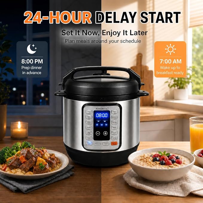 KINGBULL 8QT Electric Pressure Cooker, 12-in-1 Stainless Steel Multi Cooker with Nonstick Inner Pot, Slow Cooker, Rice Cooker, Steamer, Sauté, Yogurt Maker, Warmer, Delay Start