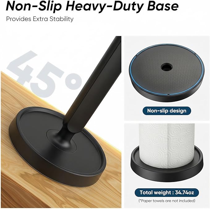 theaoo Paper Towel Holder Countertop, One-Handed Tear Paper Towel Stand Dispenser with Damping Function for Kitchen Bathroom, Stainless Steel Paper Towel Holder with Weighted Non-Slip Base (1, Black)