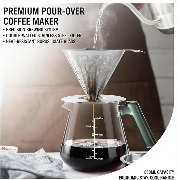 Aquach 28oz Pour Over Coffee Maker, Borosilicate Glass Carafe with Filter | Dishwasher Safe, 304 Stainless Filter, Green Handle, Refrigerator Safe, Coffee Lover Gift