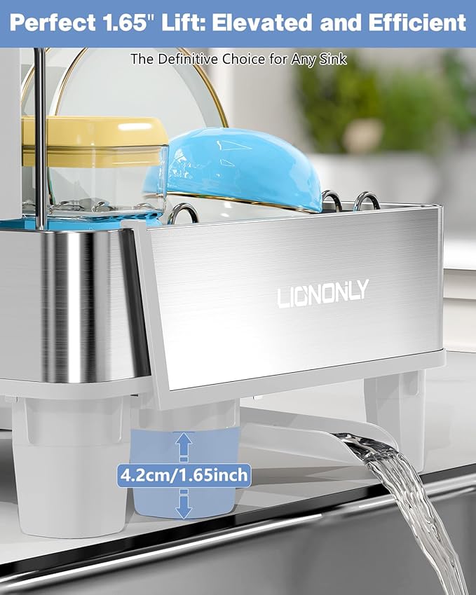 Dish Drying Rack, 304 Stainless Steel Expandable Dish Rack with Adjustable Drain Spout, Large Capacity Dish Drainer with Utensil Holder, Cup Holder and Cutting Board Rack for Kitchen Counter, White