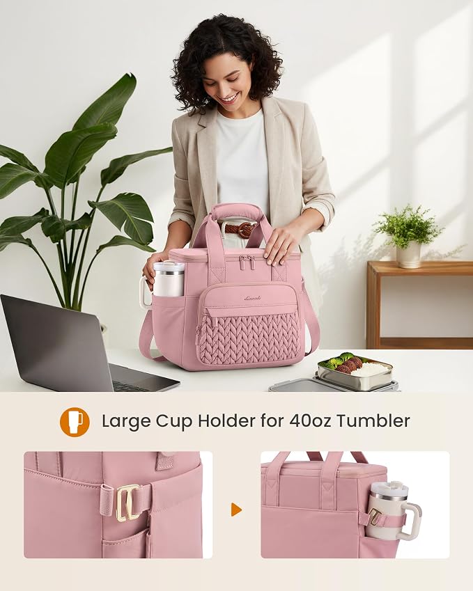 LOVEVOOK Lunch Bag Women, Insulated Wide Opening Adult Lunch Box for Women Work with Cup Holder, Large Lunch Cooler Tote Bag with Utensils Pocket for Office Campus Picnic Beach Mom Nurse Family