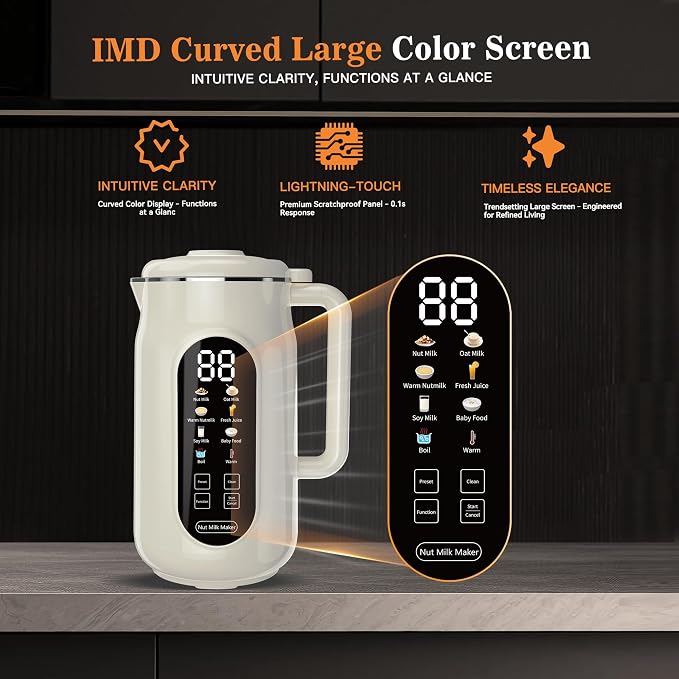 10 in 1 Nut Milk Maker Machine, 42oz IMD Screen Almond Milk Maker, Soy Milk Maker with Self-Cleaning, Delay Start, Keep Warm, Boil Water, Automatic Plant-Based Milk Blender for Soybean, Oat, Coconut
