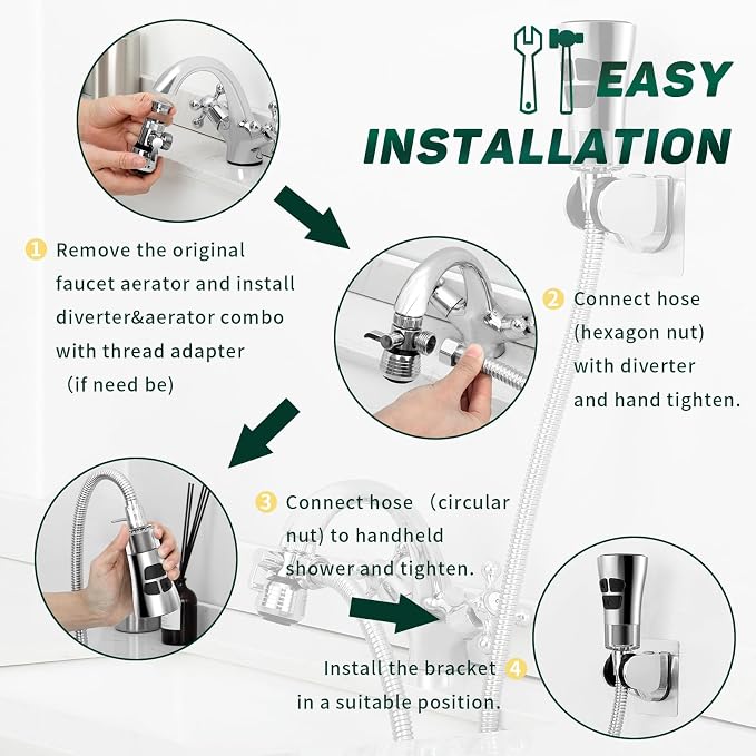 CECEFIN Kitchen Faucet Hose Attachment, 4-Mode ON/Off Sink Sprayer Head with Filter, 4.9Ft Stainless Steel Hose, Water Saving Aerator w/ 3-Way Diverter Valve for Hair Washing Laundry Room & Pet Shower