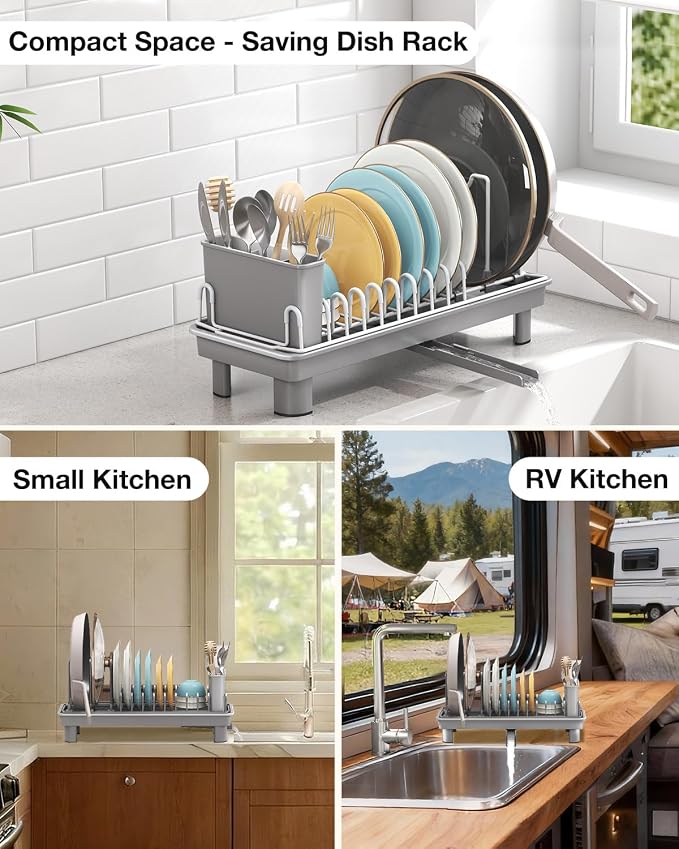 Dish Rack, Carbon Steel Small Dish Drying Rack Rustproof for Kitchen Counter, Compact Space-Saving Dish Drainer with Adjustable Slots for Small Kitchens & Apartments, 16.5×6.5×7inch, Grey