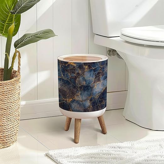 Trash Can with Lid Blue Marble Texture Italian Marble Slab Press Top Round Small Garbage Bin with Wooden Legs Waste Basket for Kitchen Bedroom Nursery 7L/1.8 Gallon