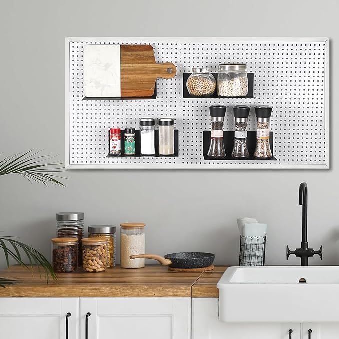 Kokone 6 Pack Magnetic Pegboard Shelves for Storing or Displaying, 10x4.3 Inch Flat Display Shelves for Pegboard, Wall Pegboard Shelves Accessories Steel Tray for Garage Workshop Craft Room Organizer