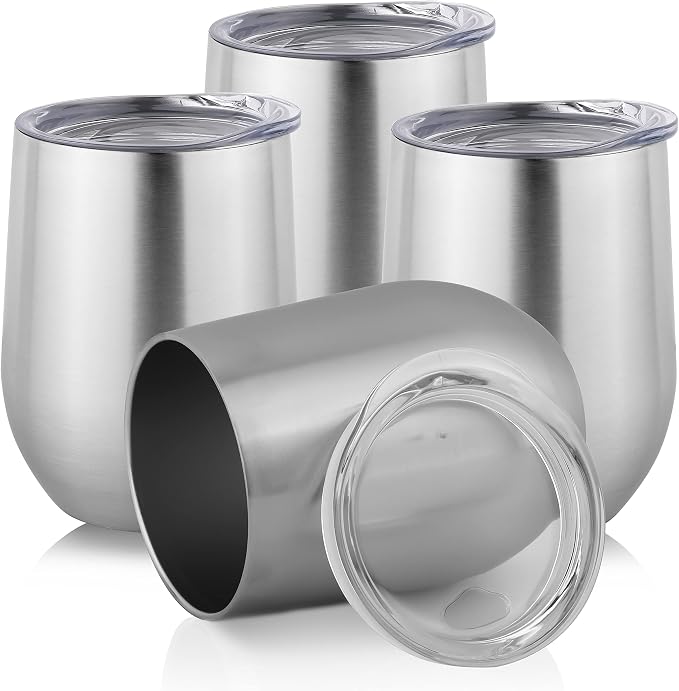 DOMICARE Stainless Steel Wine Tumbler Bulk with Lid, Personalized Insulated Tumblers Set, 12oz Travel Coffee Cups Pack of 4, Stainless steel