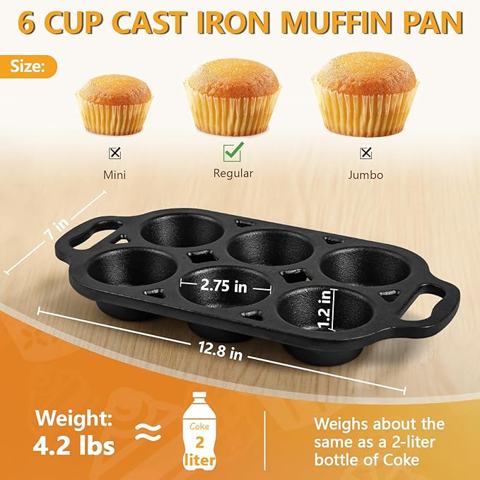 Pre-Seasoned Cast Iron Muffin Pan - 6-Cup Nonstick Cupcake Pan, 2 Piece Set